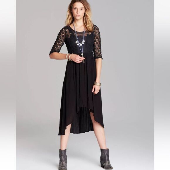 FREE PEOPLE SNAP OUT OF IT LONESOME DOVE BLACK HI-LO HEM DRESS Size 0 - Picture 1 of 12